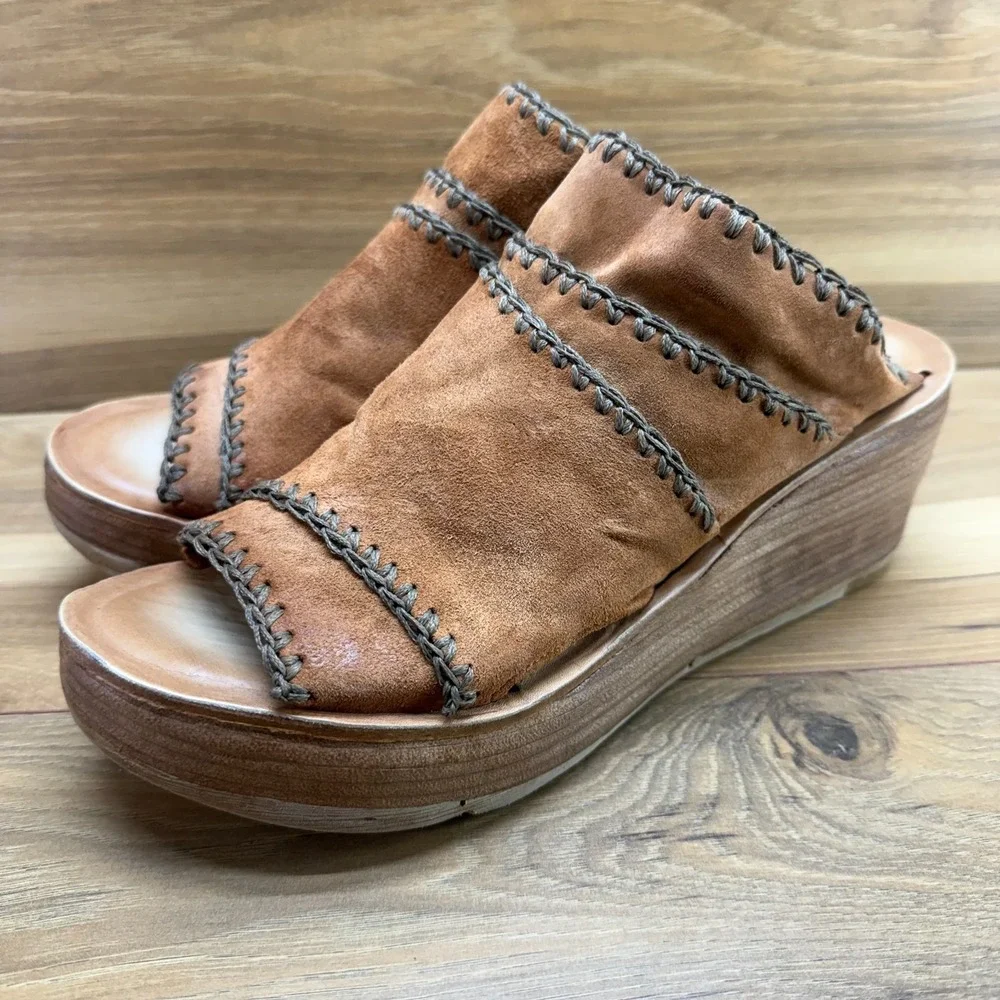 A.S 98 AS98 Nelson Wedge Sandals 11 EU 42 Cognac Suede Boho Whipstitch Artisan